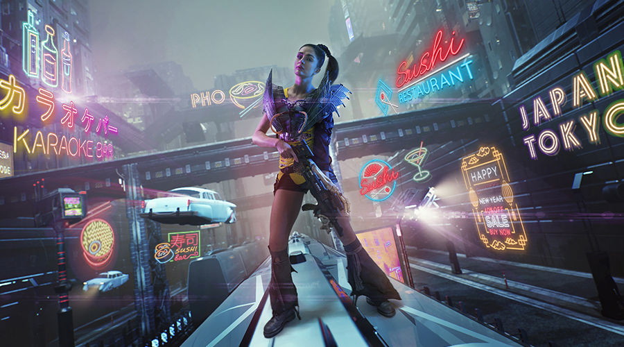 A cyberpunk girl standing on the train, holding a rifle